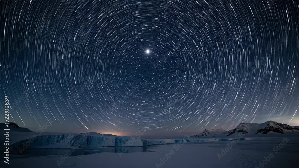 Wall mural polaris appears as a fixed point while other stars swirl in arcs around it over an arctic icy landsc