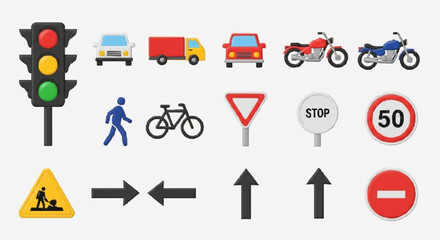 Road traffic signs vehicles and icons set for driving safety and navigation