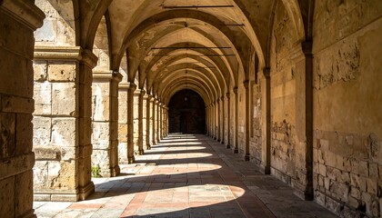 Obraz premium Sunlit stone arcade, long perspective