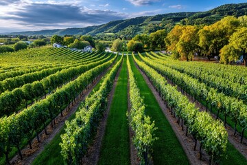 Vineyards in rolling hills under a cloudy sky