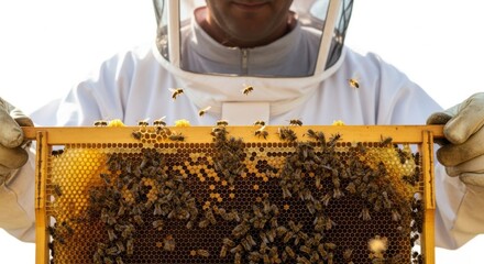 Beekeeper holding a honeycomb frame with bees isolated on white background