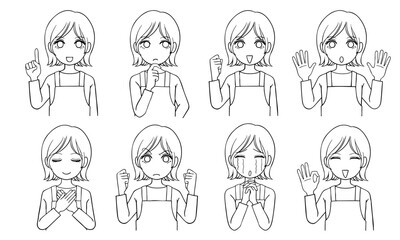 ベクター エプロン姿の女性の表情8種バリエーション　線画　モノクロ　主婦　バストアップ