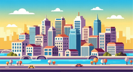 Colorful Modern City Skyline Vector Illustration Urban Landscape Sunset View