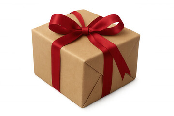 Obraz premium Gift box wrapped in brown craft paper with red ribbon bow, celebrating holidays, birthdays, and special occasions