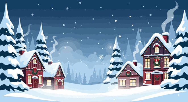 Charming winter village scene with snow covered houses and trees illustration