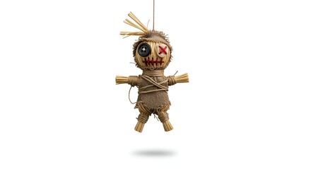 A handmade Voodoo doll, a traditional folk art effigy for spiritual or mystical purposes, suspended against a white background
