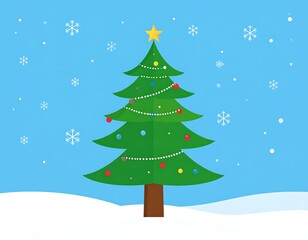Cartoon Christmas tree on a snowy backdrop