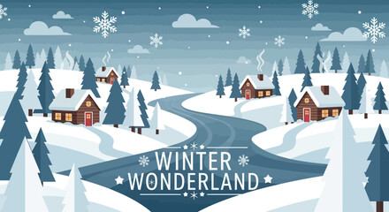 A charming winter wonderland scene featuring cozy cabins nestled among snowy trees and hills
