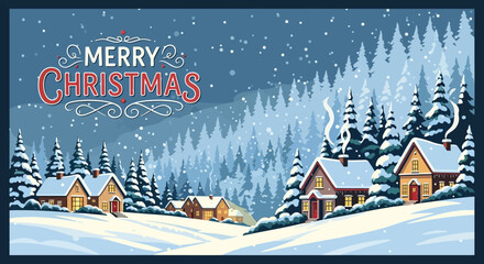 Charming winter village scene illustration with Merry Christmas greetings ideal for festive cards