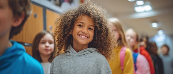 The curly haired smiling student in a busy school hallway among friends