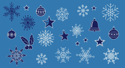 Elegant holiday pattern with snowflakes stars ornaments bell and holly on blue background