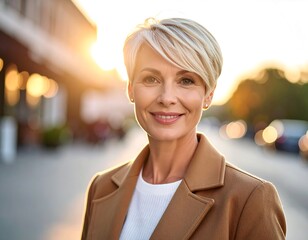 Smiling woman in a light brown coat, city street background