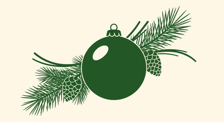 Minimalist christmas illustration featuring a bauble, pine needles and pine cones in shades of green