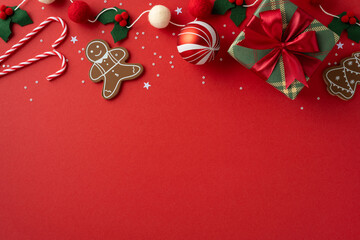 Bright holiday scene featuring cookies, candy canes, and a wrapped gift. Sparkling decor and festive mood evoke Christmas and New Year cheer, warmth, celebration, and seasonal joy
