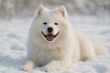 Fototapeta premium Beautiful Samoyed dog lying in the soft snow, relishing the joy of a chilly winter day in a picturesque outdoor setting