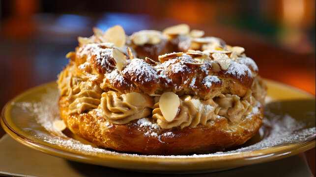 Delicious golden brown Paris-Brest dessert garnished with almonds and powdered sugar, ideal for sweet indulgence
