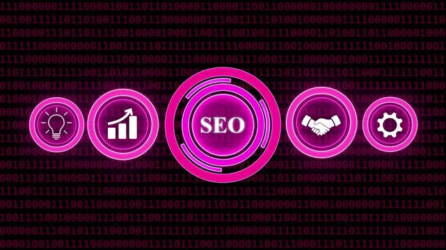 SEO Search Engine Optimization glowing neon icons with binary code background website internet.