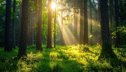 Obraz premium A sunlit forest scene showcases dense trees with light rays piercing through the canopy, illuminating the grassy forest floor