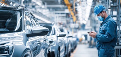 The automotive worker using a smartphone in a modern manufacturing facility
