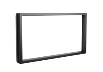 Empty, sleek rectangular frame of matte black steel with sharp, clean lines against a transparent background with ample copy space, concept of modern minimalist design
