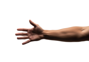Deeply tanned, muscular masculine hand and forearm with open palm forward, fingers splayed, isolated on transparent studio background with copy space, concept of robust offering and unwavering