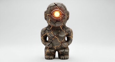 Unique Cracked Stone Figure with Glowing Eye, Mysterious and Ancient Idol Representation