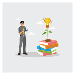 Man with a Stack of Books with Light Bulb Plants Symbolizes Learning and Knowledge.