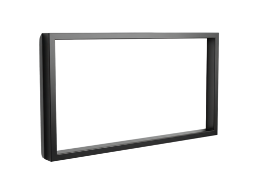 Empty, sleek rectangular frame of matte black steel with sharp, clean lines against a transparent background with ample copy space, concept of modern minimalist design