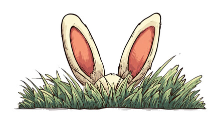 Retro Vintage Sticker Illustration of Rabbit Ears Peeking from Green Grass