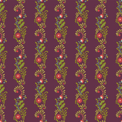 Burgundy Striped Floral Seamless Pattern