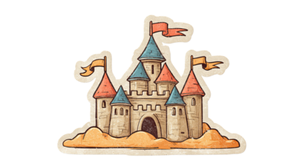 Colorful Retro Sandcastle Sticker Illustration with Blue and Red Turrets
