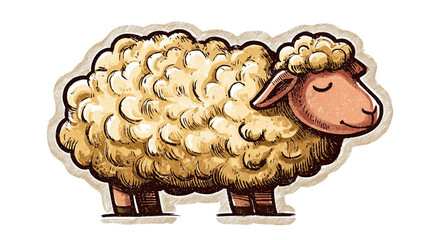 Retro vintage cartoon sheep sticker illustration with woolly texture.
