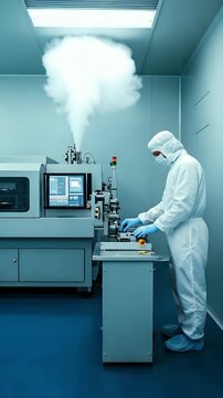 Science in the Lab: A scientist in a clean suit conducts an experiment in a sterile laboratory, meticulous process of scientific research, where precision and safety is paramount.