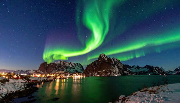 Vivid green aurora borealis dances over a coastal village with snowy peaks reflecting in calm water under a starlit night sky