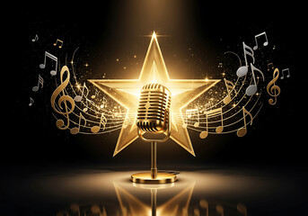 Golden star and vintage microphone illuminated by spotlight with musical notes and treble clefs in the background symbolizing music and performance