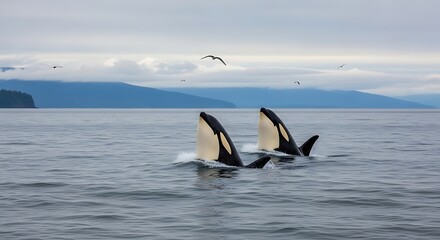 Fototapeta premium A Pair of Majestic Orca Whales Spyhopping Together in the Sea.