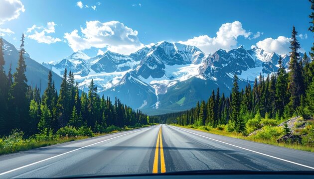 Serene mountain vista captured from a car on a long road; lush trees line the asphalt under a bright, cloud-strewn sky