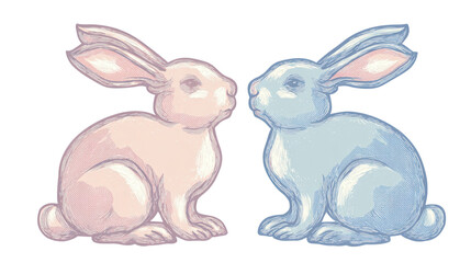 Pastel Retro Sticker Illustration of Two Rabbits Facing Each Other