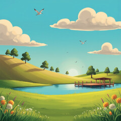 A peaceful illustration of a green landscape with a winding path, a calm pond, tall trees a cloudy sky