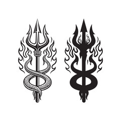 Fiery Trident with Serpent, Two distinct vector designs featuring a stylized trident entwined with a snake and flames black colour vector design and white background (3).eps
