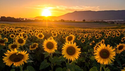 Sunlit sunflowers in a vast field at sunset, mountains in the background