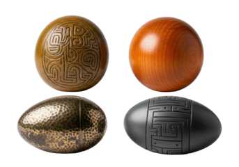 Four distinct ancient ovate: ochre stone, sienna wood, hammered bronze, grey ceramic, on white studio background, copy space, Concept of timeless ancient artifacts
