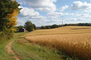 Fototapeta premium Wind turbine generating clean energy in a rural landscape with ripe wheat fields, a barn, and trees under a blue sky