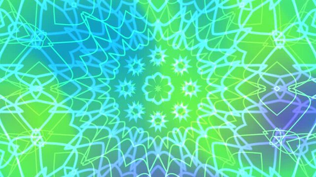 Animation kaleidoscope overlay Blue green pattern with radial stars designs. Perfect for backgrounds, prints, digital designs, and decorative items.