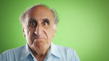 Fototapeta premium An elderly man with exaggerated facial expressions stands against a vibrant green background,