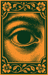 Vintage poster with an eye. Hand drawn vector illustration	