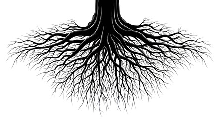 Illustrative roots system conveying depth stability and underground connectivity in monochrome © Joni