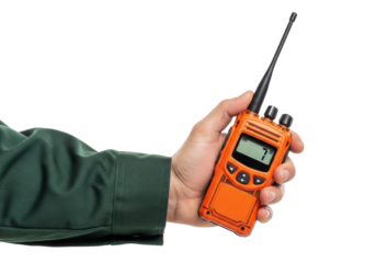 Adult hand in dark green uniform sleeve holding rugged orange walkie-talkie with '7' on display, isolated on transparent background with copy space. Concept of practical communication technology