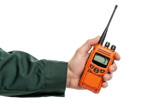 Adult hand in dark green uniform sleeve holding rugged orange walkie-talkie with '7' on display, isolated on transparent background with copy space. Concept of practical communication technology