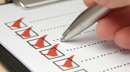 A hand holding a silver pen marks red checkboxes on a form, symbolizing task completion, accomplishment,
